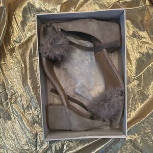 Steve Madden Gray Heels with Suede Texture and Pom-Pom Detail